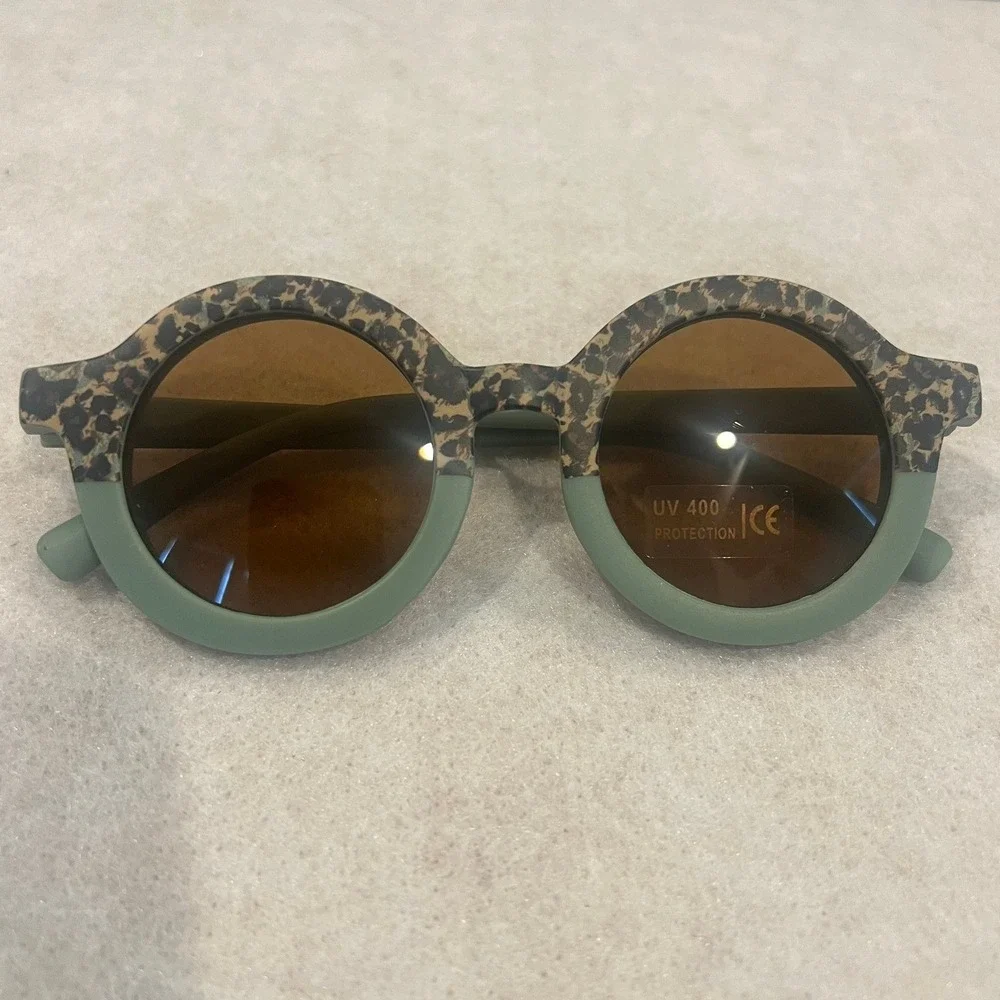 Kids Round Leopard Print Sage Green UV400 Protection Sunglasses Matte Finish